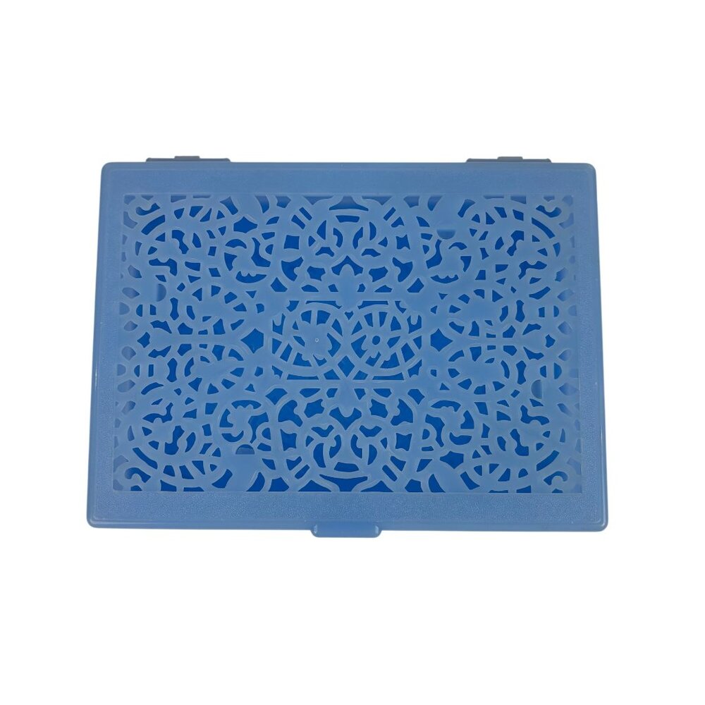 Vintage 60s Plastic Storage Box Baby Blue Cutwork Top Vanity Jewelry Trinkets - Picture 3 of 10